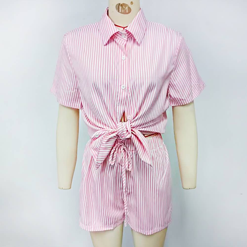 Striped Short Sleeve Top And Shorts Two-Piece Set