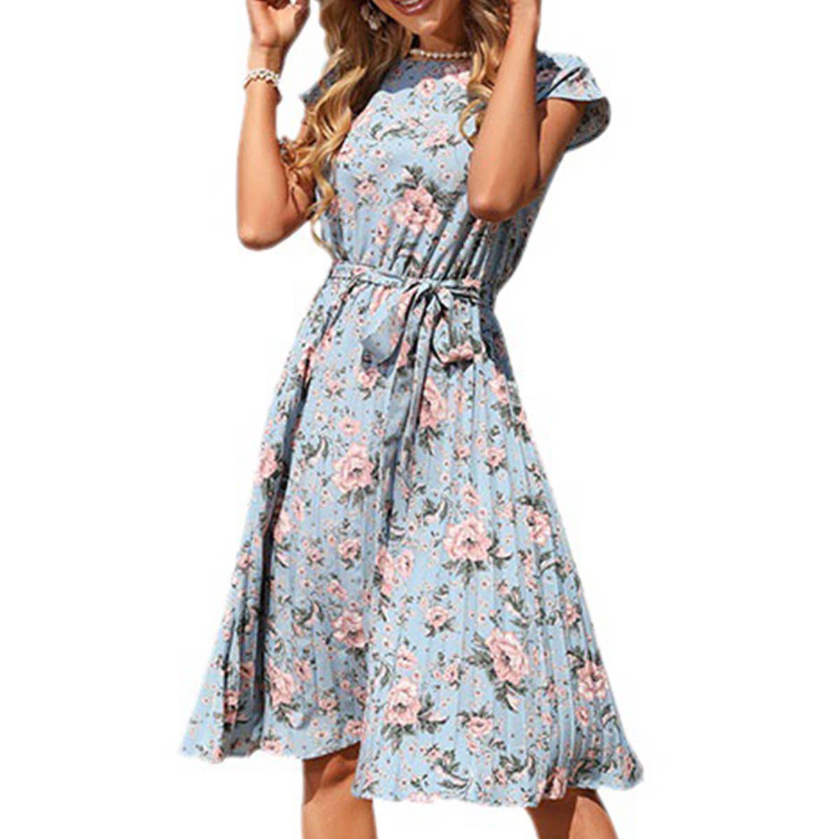 Blue floral print holiday dress_CWDSD3390