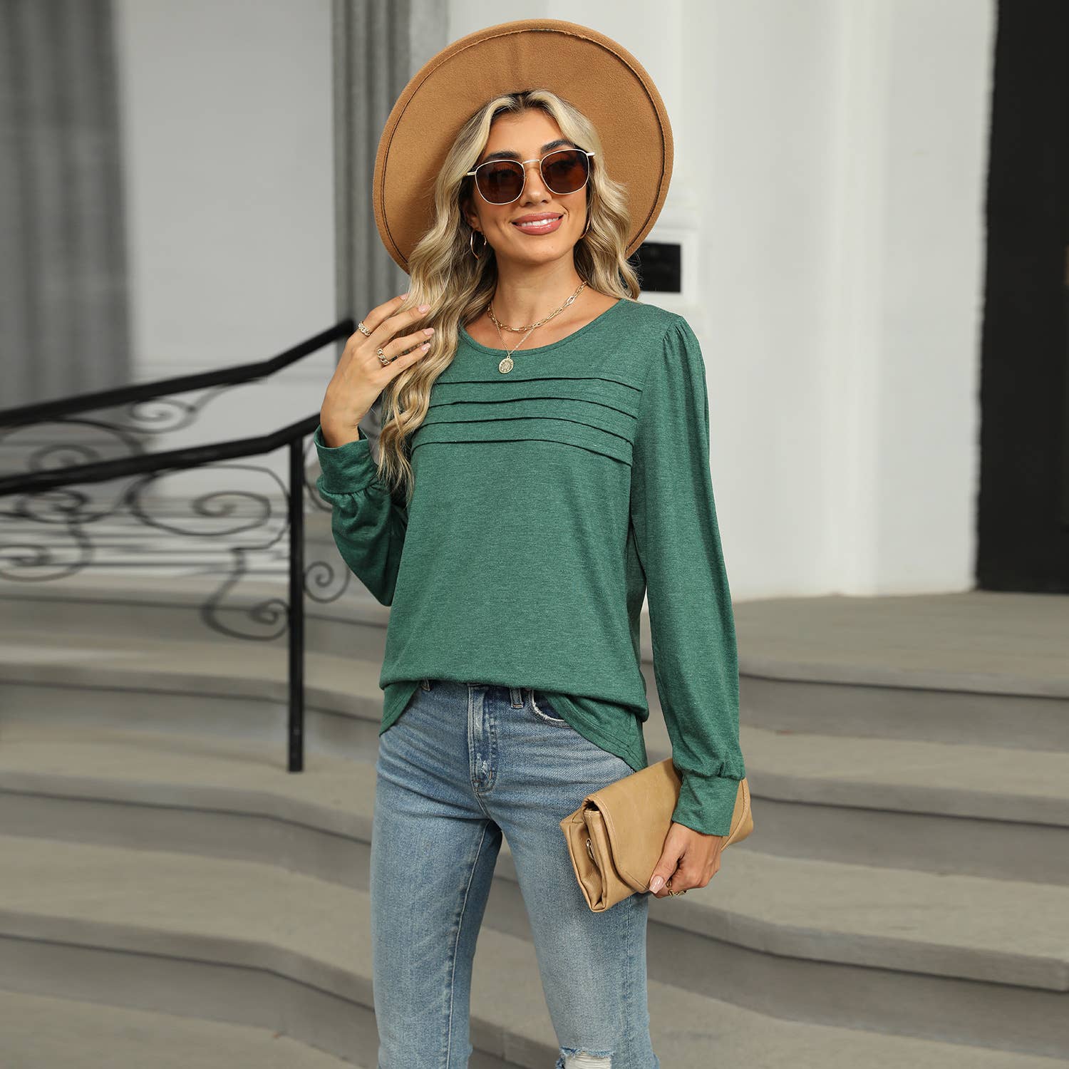 Solid Color U-Neck Pleated Long Sleeve T-Shirt