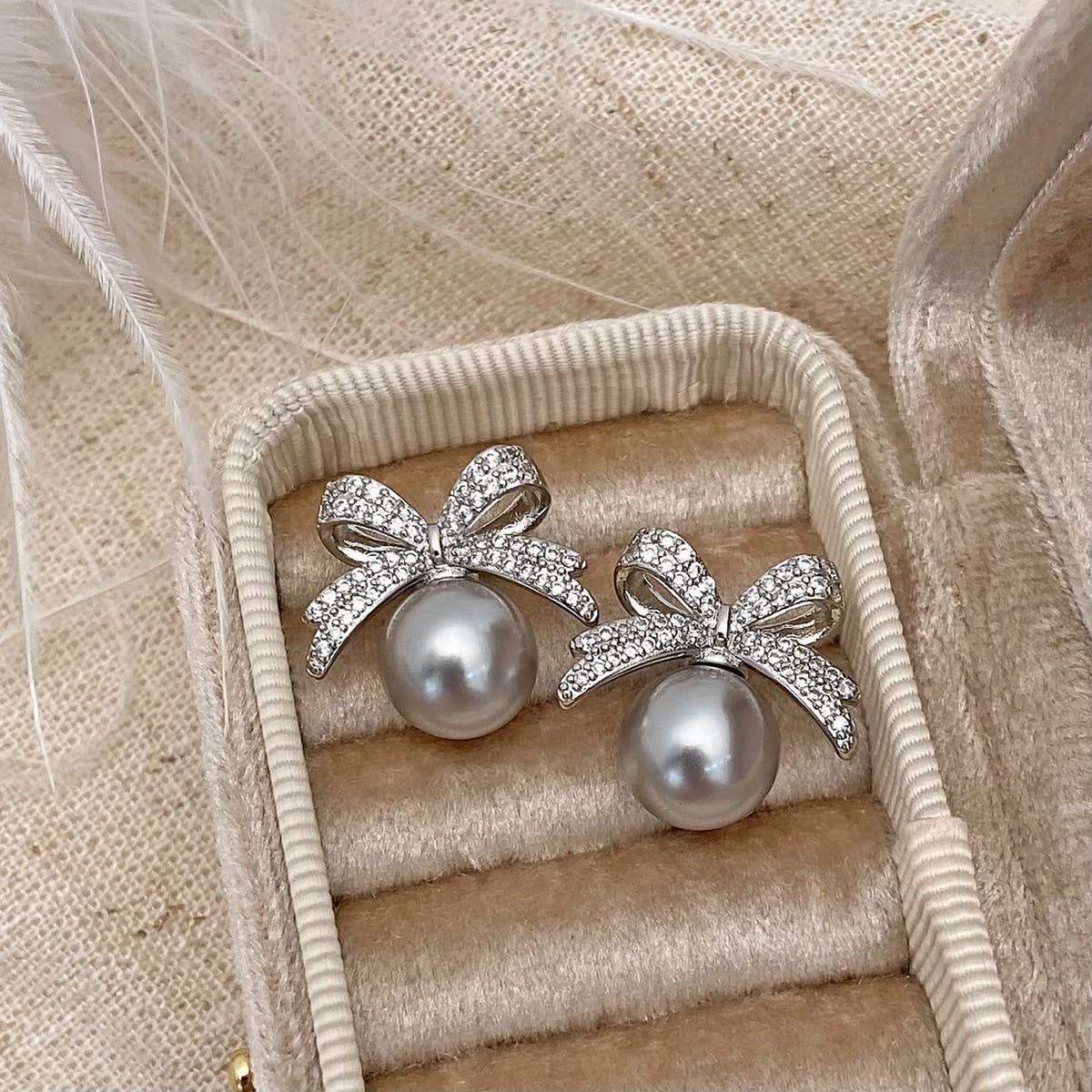 Womens Vintage Full Diamond Bow Pearl Earrings