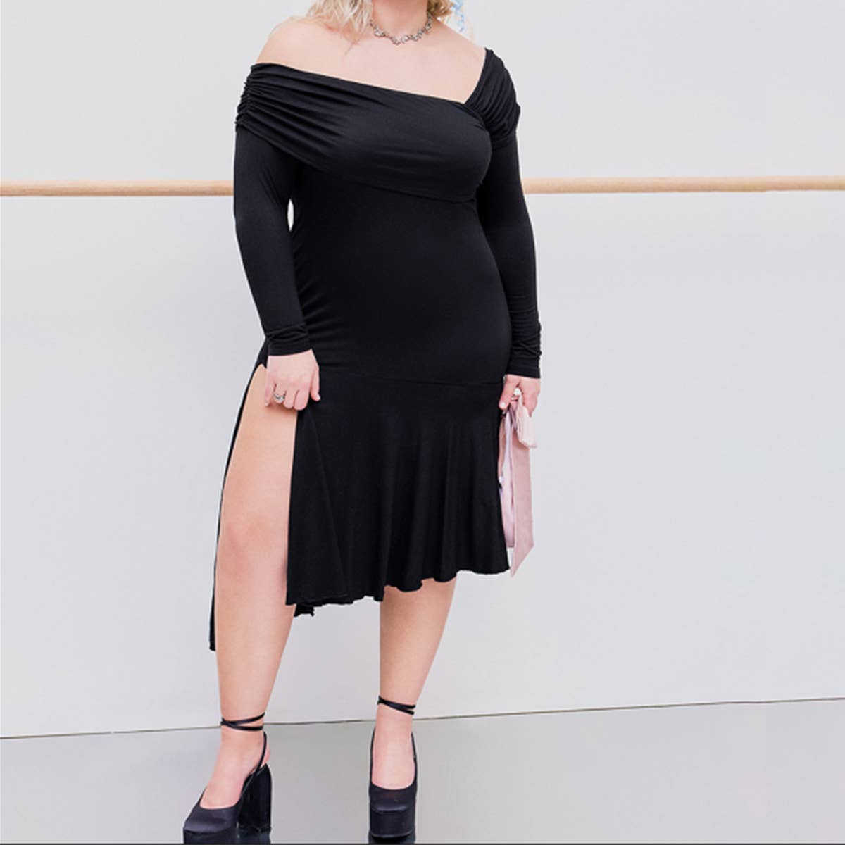 SOPHISTICATED SLANT NECK DRESS SIDE SLIT MIDI_CWDHL1045