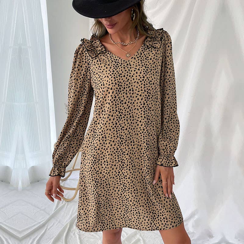 V-Neck Leopard Print Dress With Lotus Sleeves