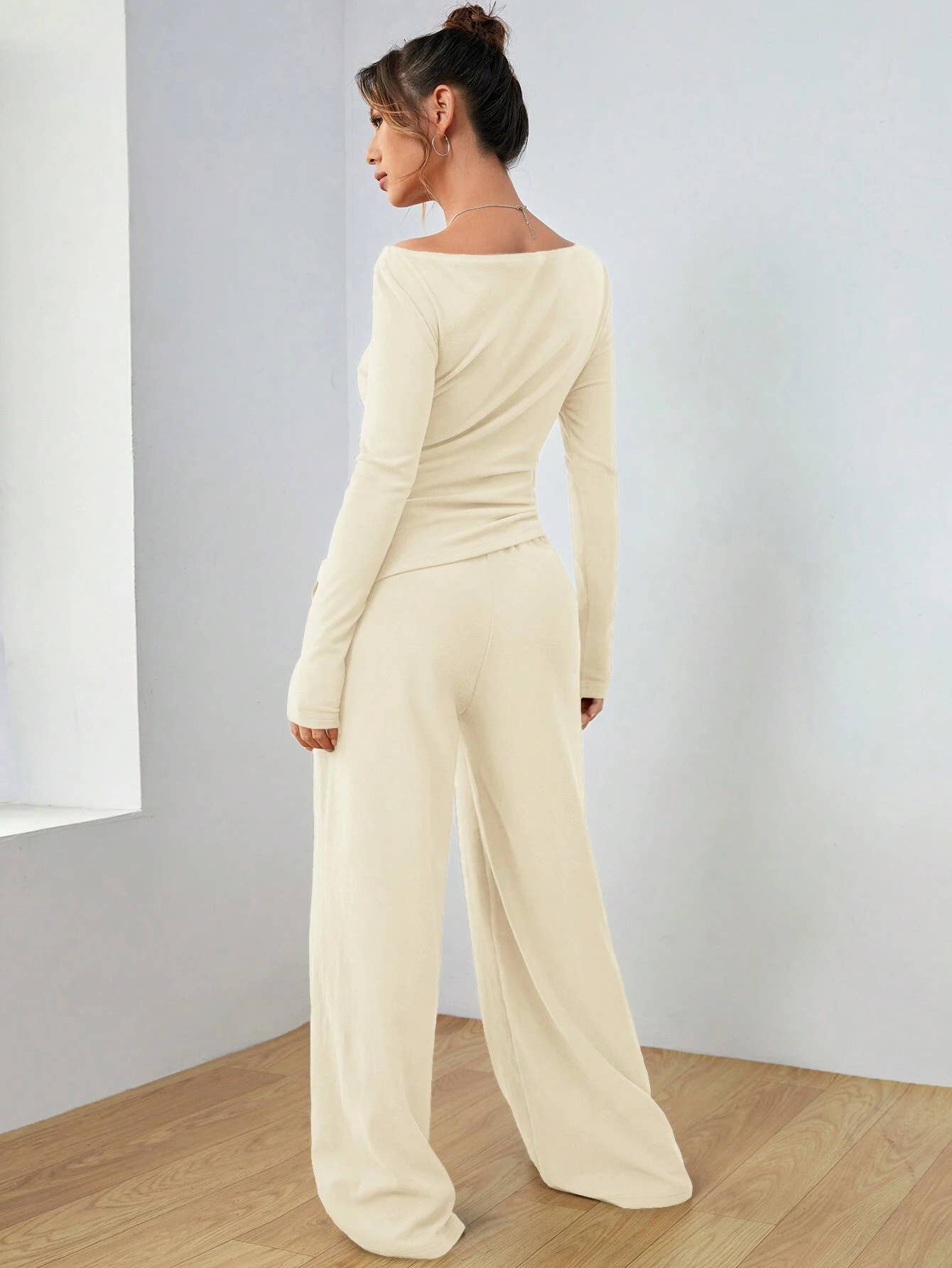 Solid-Color Long-Sleeved Wide-Leg Long Pants Set