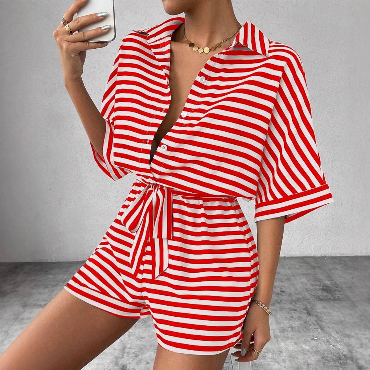 Striped Lapel Belted Shorts Short Sleeved Onesie