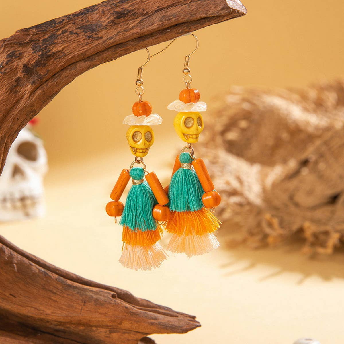 HALLOWEEN SKULL TASSEL RICE BEAD EARRINGS_CWAJE2411