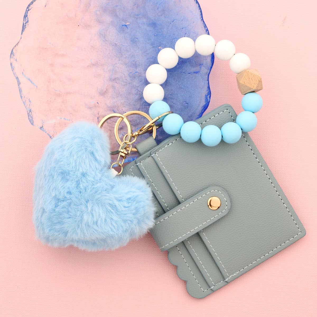 HEART FUR BALL KEYCHAIN WALLET WITH BEAD BRACELET_CUAB00448