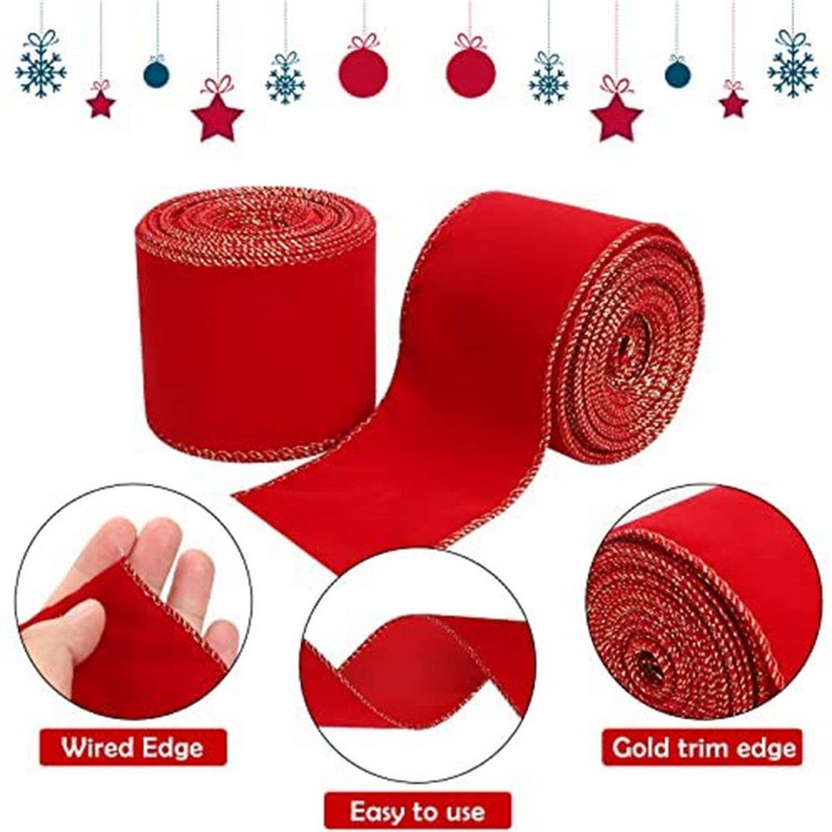 Cwmm10195_Red Velvet Christmas Ribbon With Gold Edge