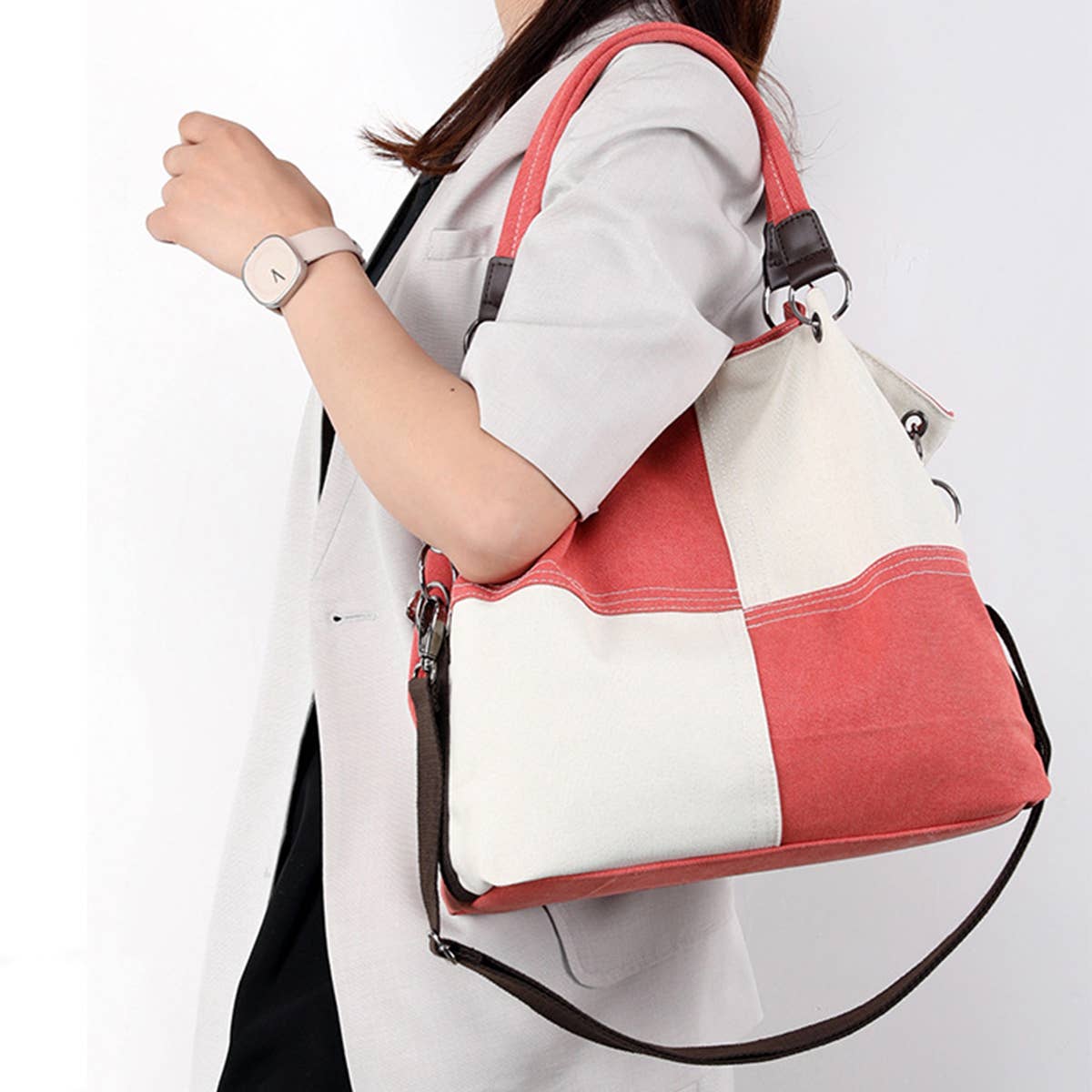 RETRO STITCHING CANVAS TOTE BAG_CWAB1256