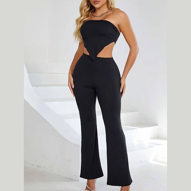 Strapless Top Elastic Waist Flare Two Piece Set