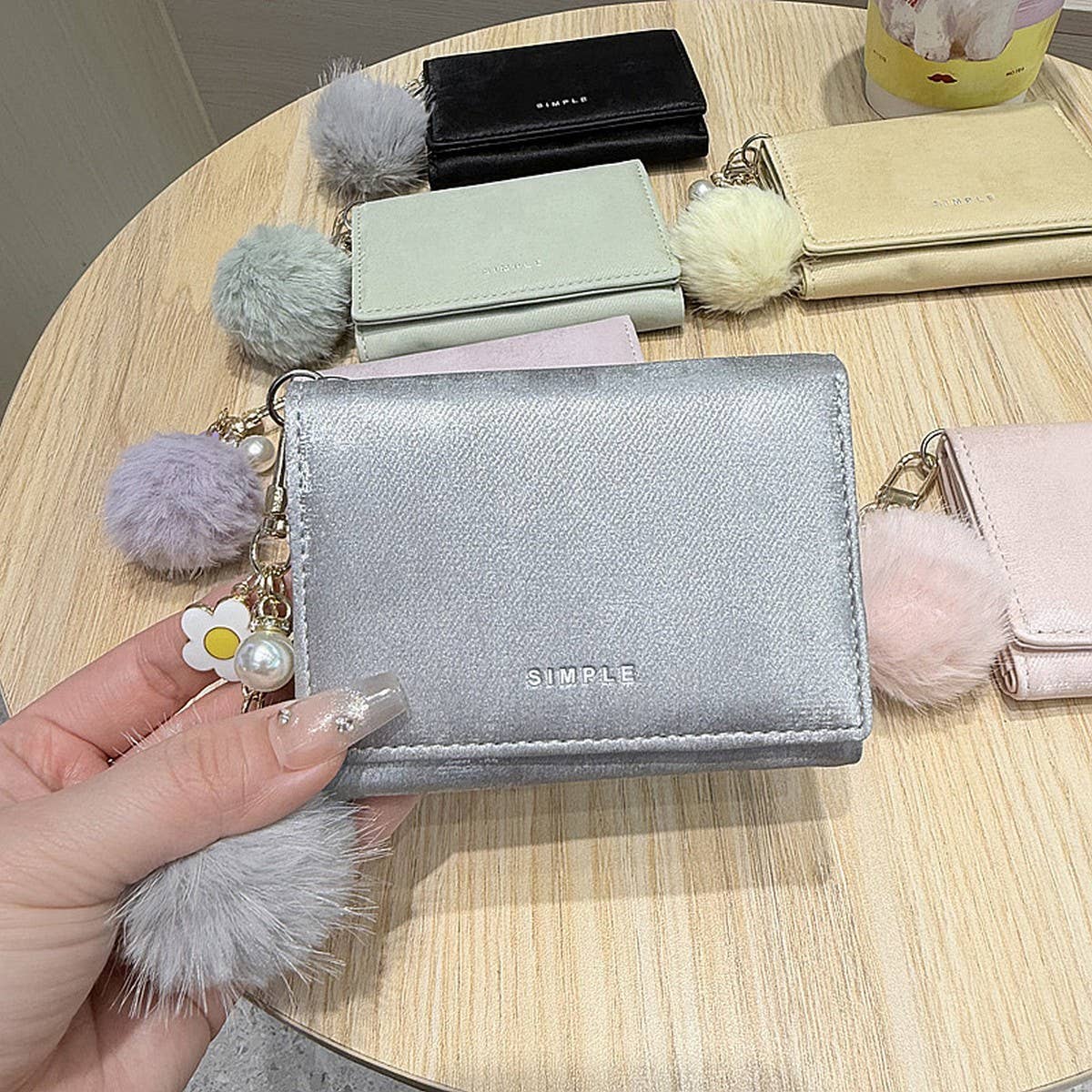 Velvet Mini Trifold Wallet With Pom Pom Charm_Cwab06225