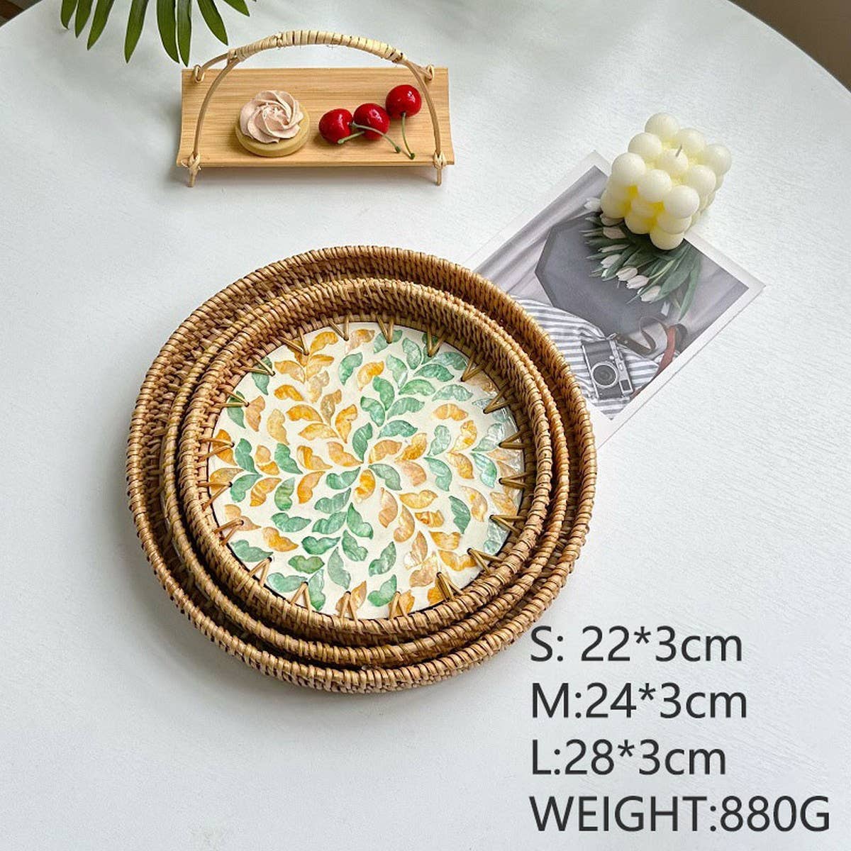 RATTAN COLORFUL SHELL FRUIT TRAY THREE PIECE SET_CWMM4428