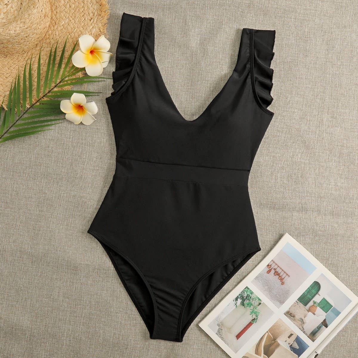 Womens Sexy Deep Swimsuit With Ruffled Edges