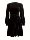 Velvet Square Collar Waist Long Sleeve Dress