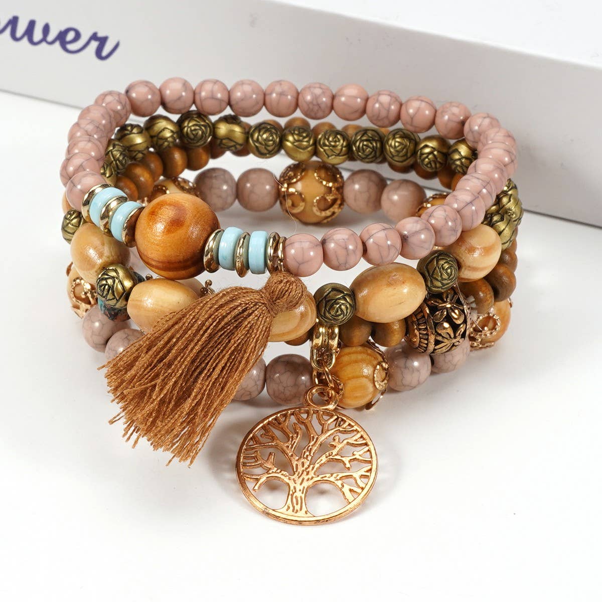 Cwmm10462_Wood Bead Rose Alloy Handmade Bracelet Set