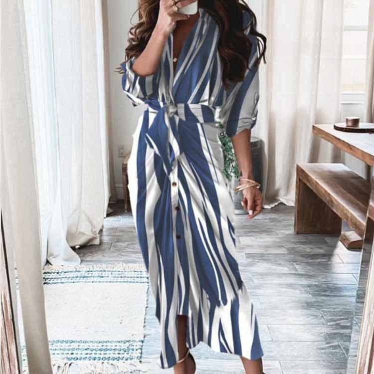 V-Neck Button-Up Long-Sleeved Shirt Dress