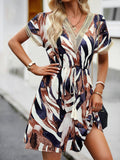 V-Neck Lace-Up Print Short Dress
