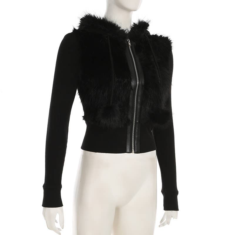 Vintage Cratered Patchwork Furry Hoodie Jacket