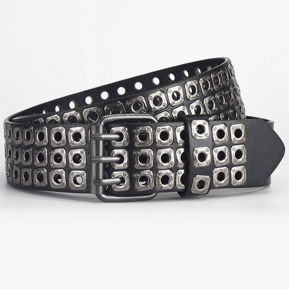 SQUARE BEAD RIVET TRIPLE ROW EYELET PUNK BELT_CWABE0584