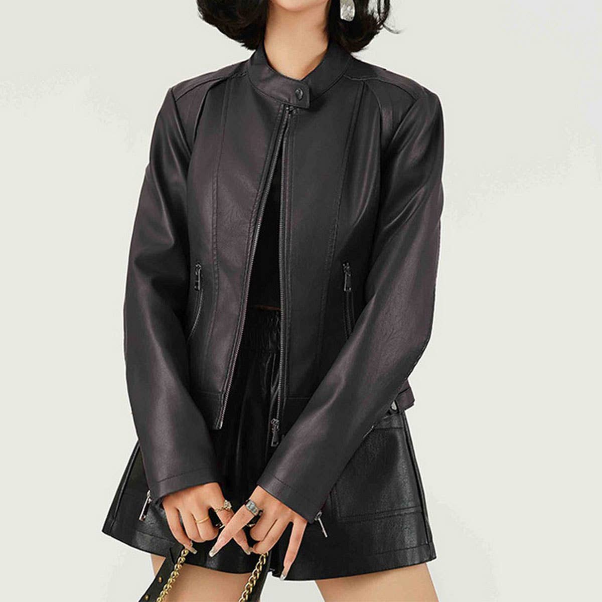 RED PU LEATHER JACKET STAND COLLAR SPRING FALL_CWMM9012