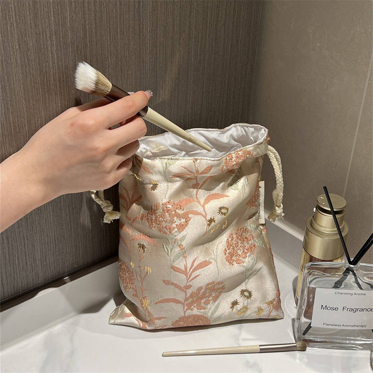 Drawstring Floral Makeup Bag Travel Storage Pouch_Cuab00720