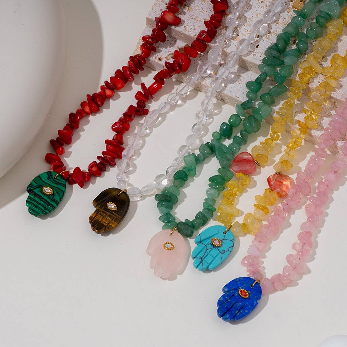 LAPIS TIGER EYE FATIMA HAND BEADED NECKLACE_CWMM7533