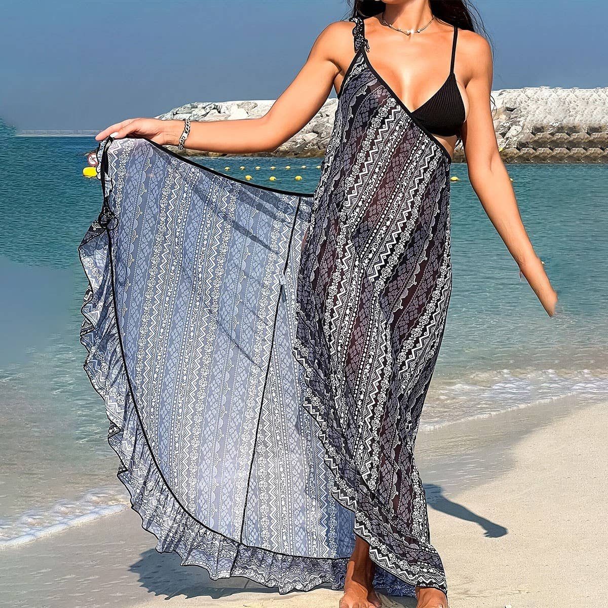 FLORAL PRINT BEACH DRESS RUFFLED HEM SUNPROTECTION_CWBLS0460