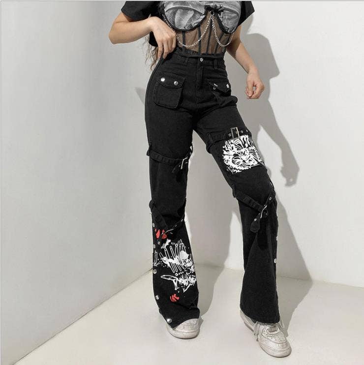 Street Style Split Hem Printed Denim Jeans