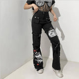 Street Style Split Hem Printed Denim Jeans