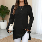 Solid-Color Round-Neck Long-Sleeved Slit T-Shirt