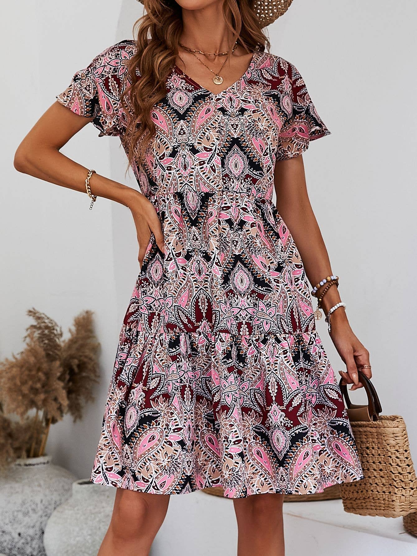 V-Neck Casual Holiday Print Lotus Sleeves Dress