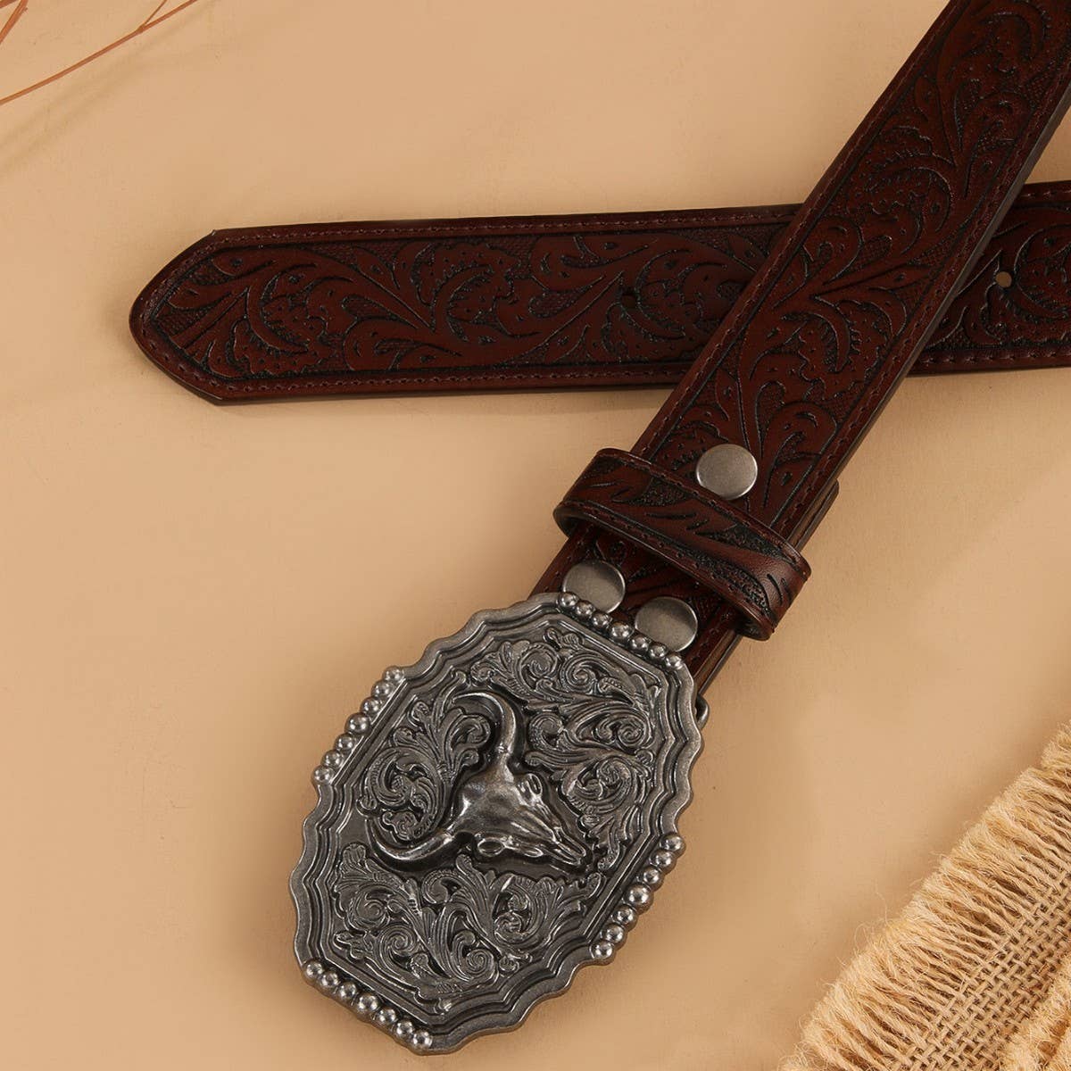 BULL HEAD CARVED VINTAGE DISTRESSED EMBOSSED BELT_CWMM3942