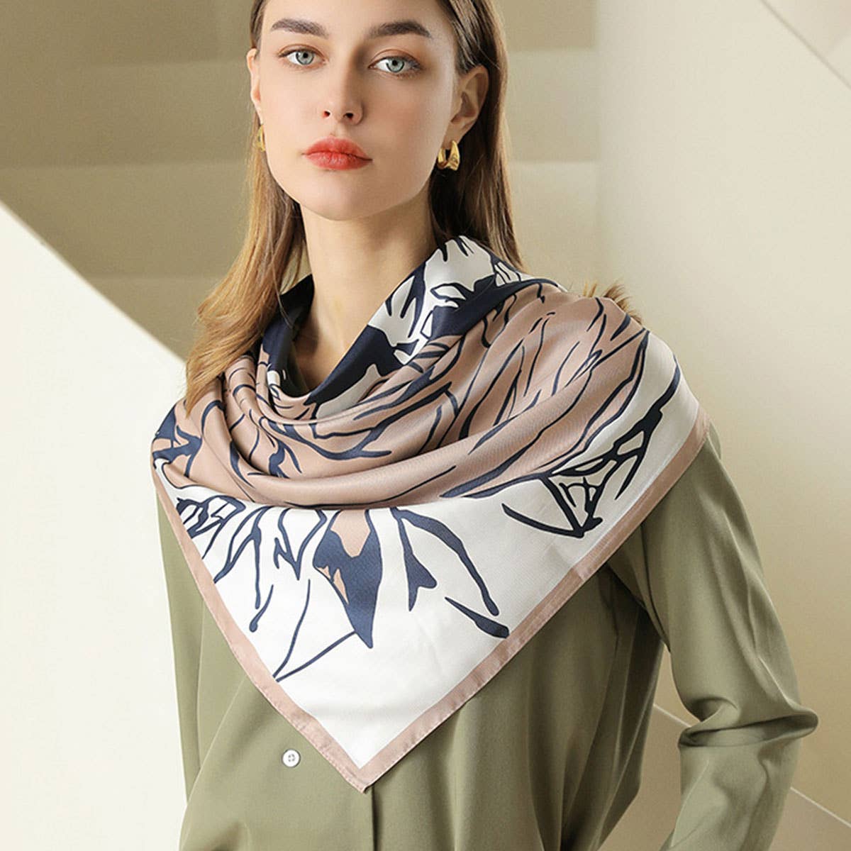 FLORAL PRINT SATIN SCARF FOR WOMEN LARGE SQUARE_CWASC0198