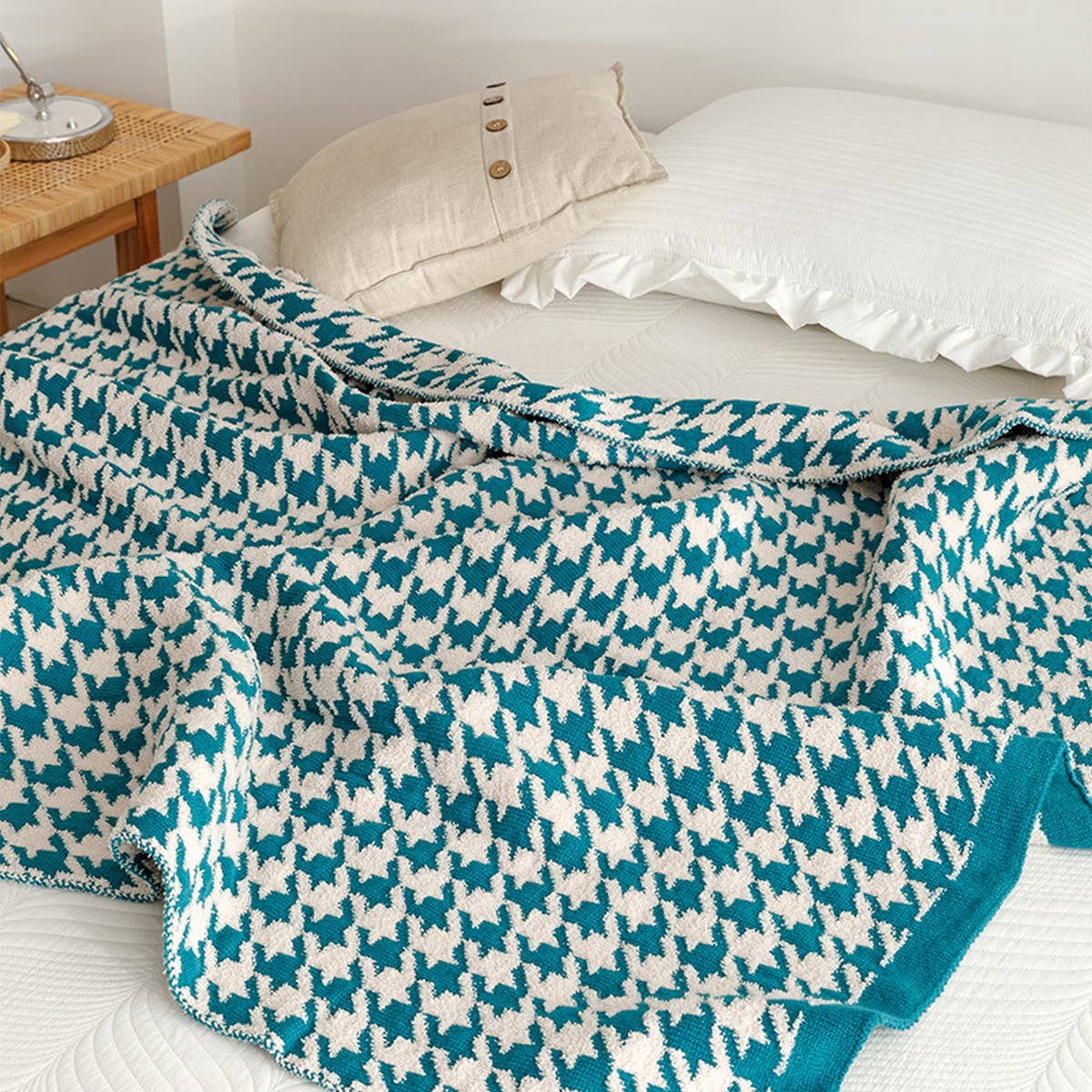 Versatile Houndstooth Knitted Wool Throw Blanket_Cwmm2386
