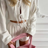 Plush Lace-Up Casual Home Crop Top And Shorts Set