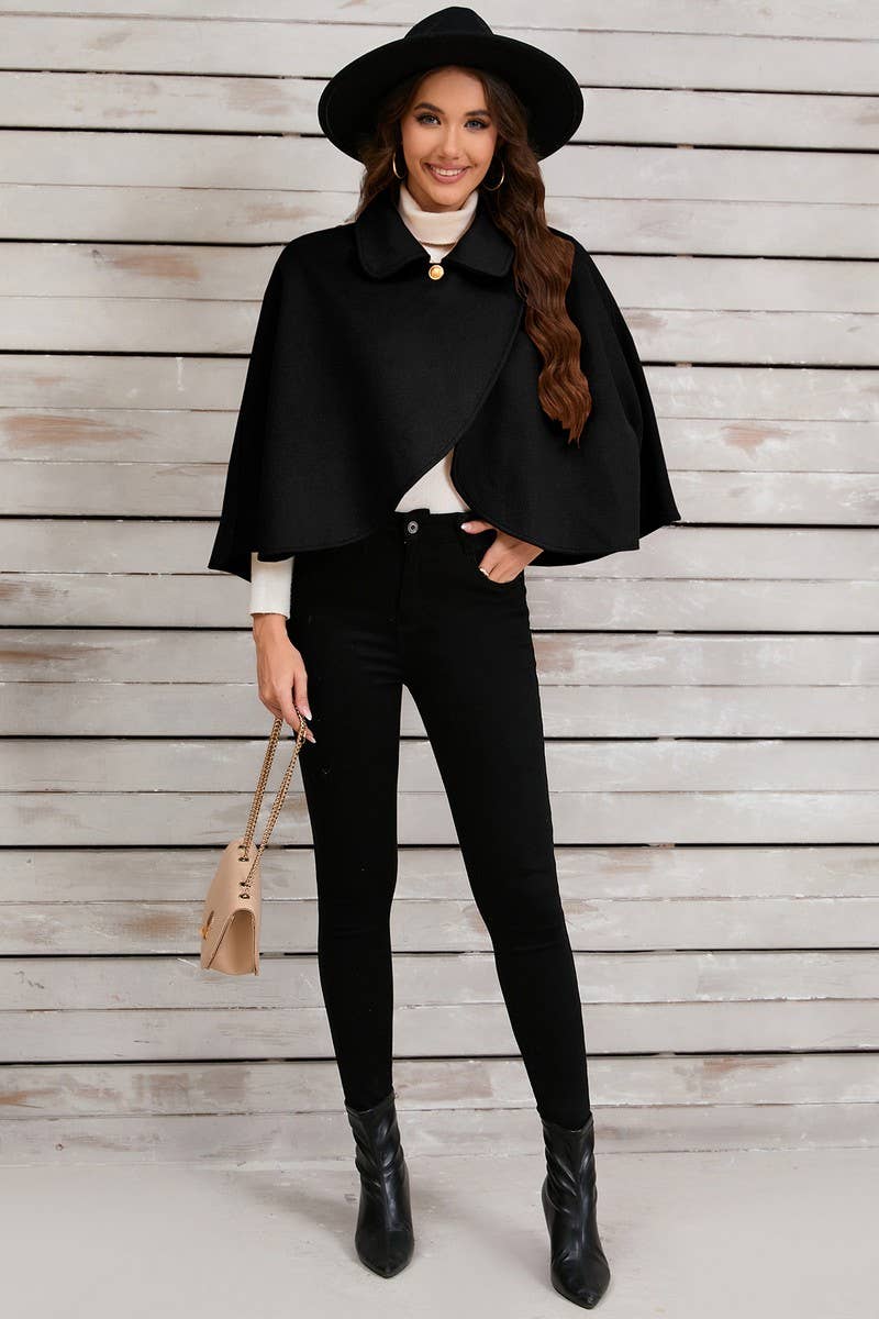 Cwoco0951_Solid Color Short Cape Shawl Coat