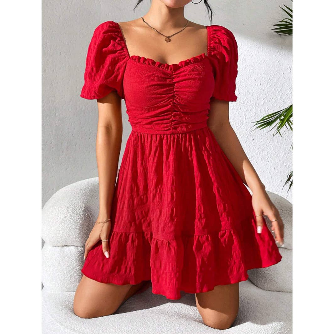 Solid-Color Square-Neck Short-Sleeved Dress