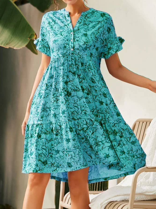V-Neck Button-Up Print Short-Sleeved Dress