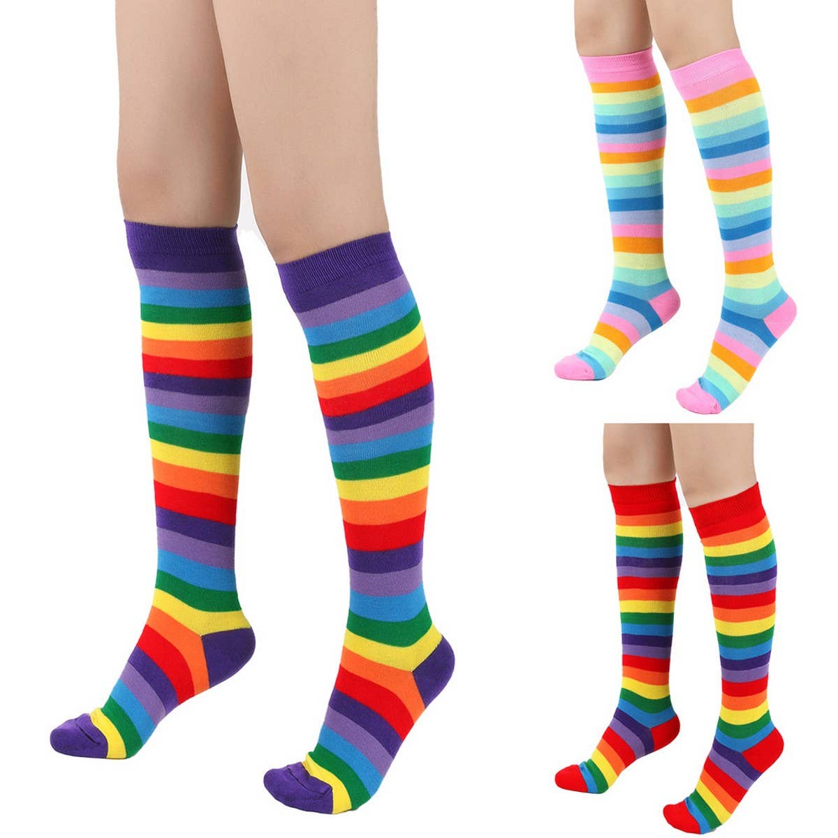 RAINBOW STRIPED MID LENGTH SOCKS KNEE LENGTH SOCKS_CWMS0310