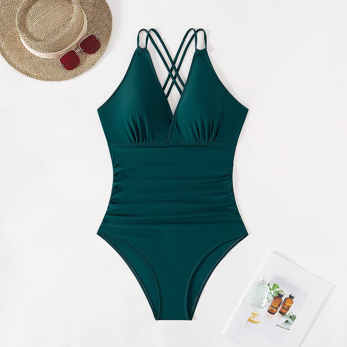 SEXY PLEATED BACK HOLLOW SLIM ONE PIECE SWIMSUIT_CWMW0614