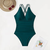 SEXY PLEATED BACK HOLLOW SLIM ONE PIECE SWIMSUIT_CWMW0614