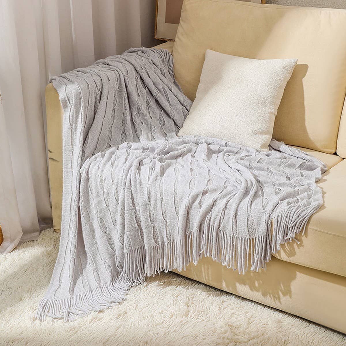 KNITTED THIN TASSEL SOFA BLANKET BED END BLANKET_CWMM0222