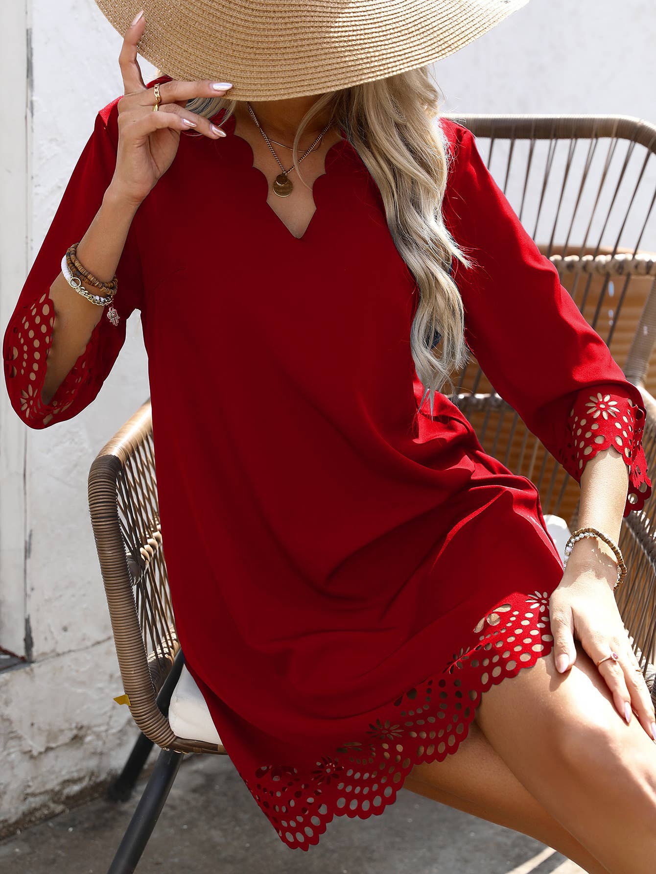 Solid Color V-Neck Burn Half Sleeve A-Line Dress