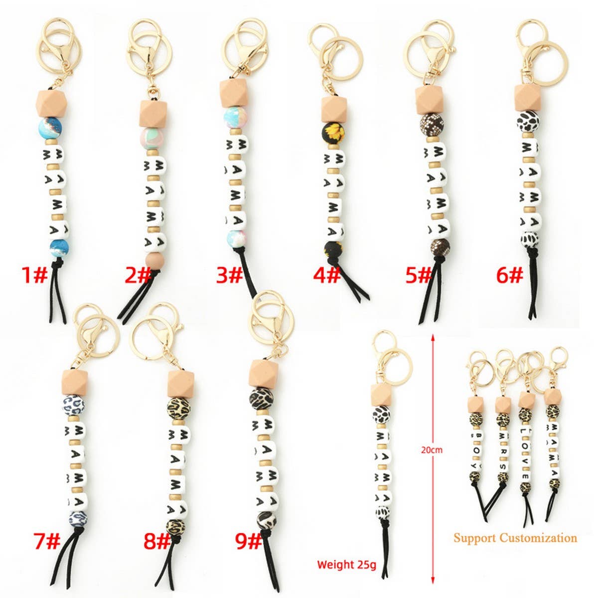 SILICONE BEAD KEYCHAIN WITH LETTER AND WOODEN DISC_CWAB5106