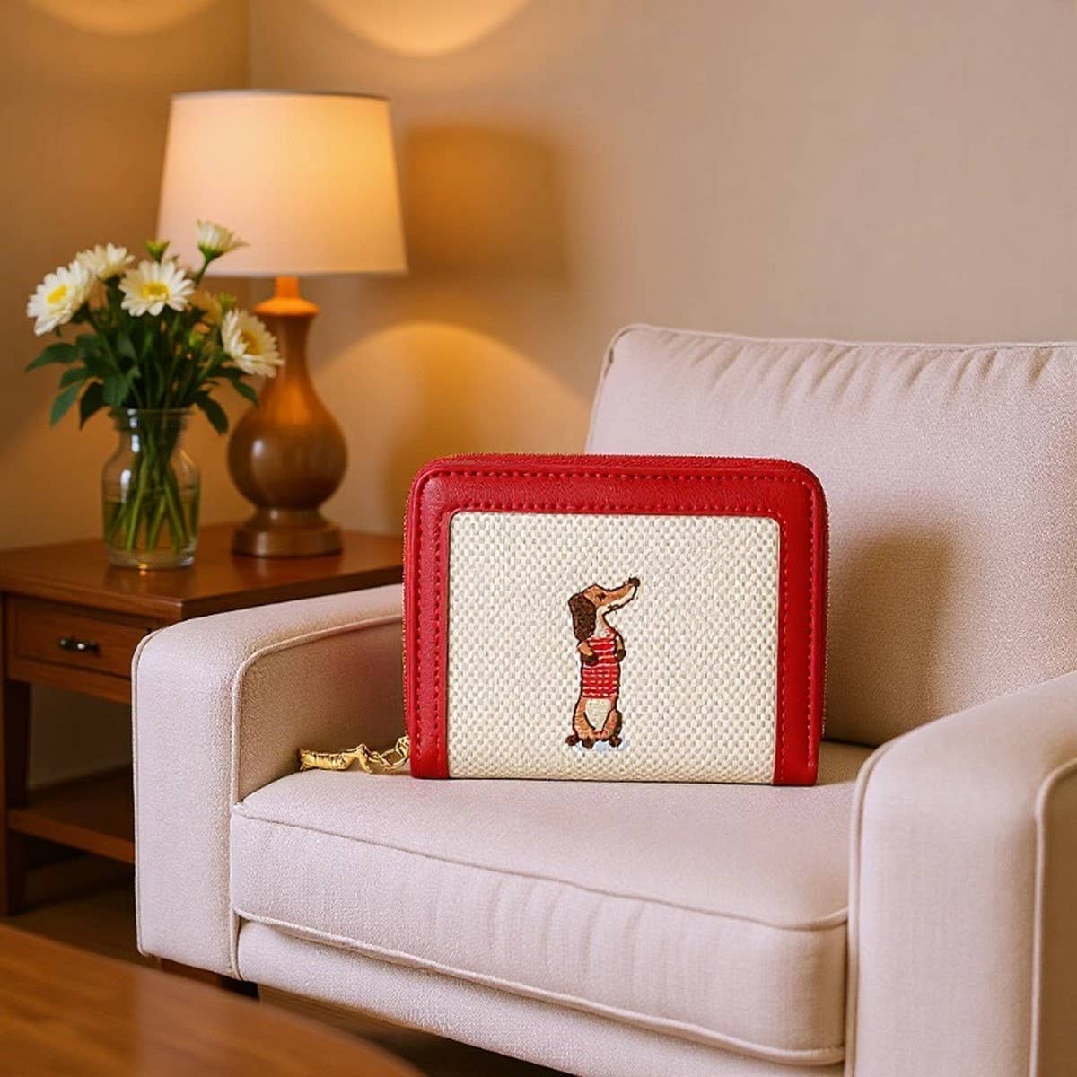 Cute Embroidered Dachshund Zip Bifold Wallet_Cwab06201