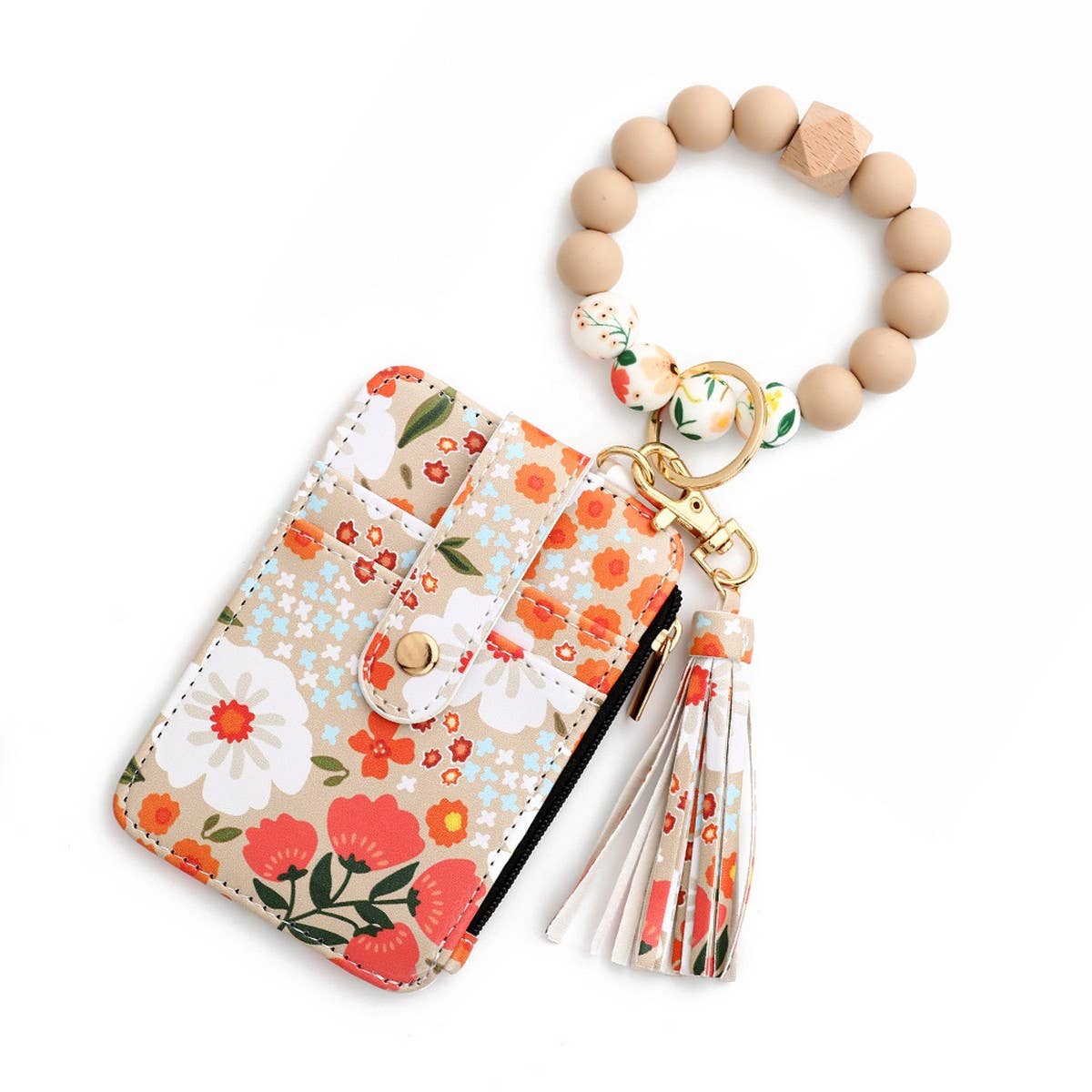 FLORAL PU WALLET WITH BEAD BRACELET CARD HOLDER_CWAB4955