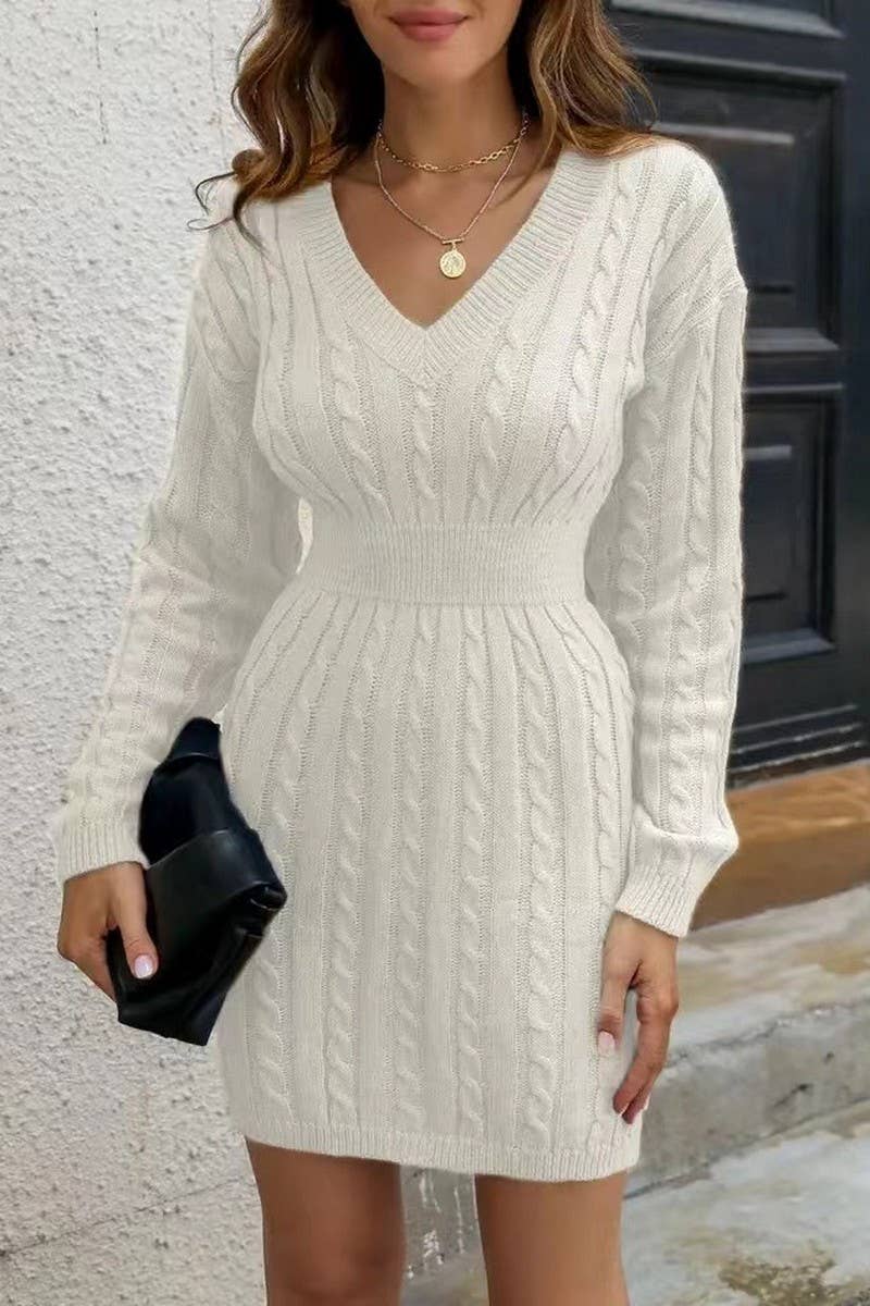 V-Neck Waistband Twist Wrap Hip Sweater Dress