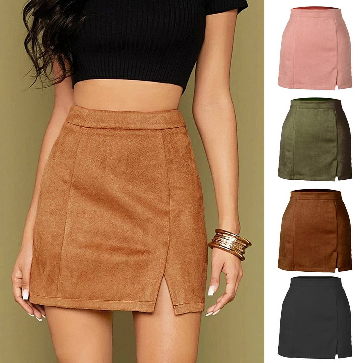 SUEDE HIP HUGGING MINISKIRT HIGH WAIST ZIPPER SKIRT_CWAB4796