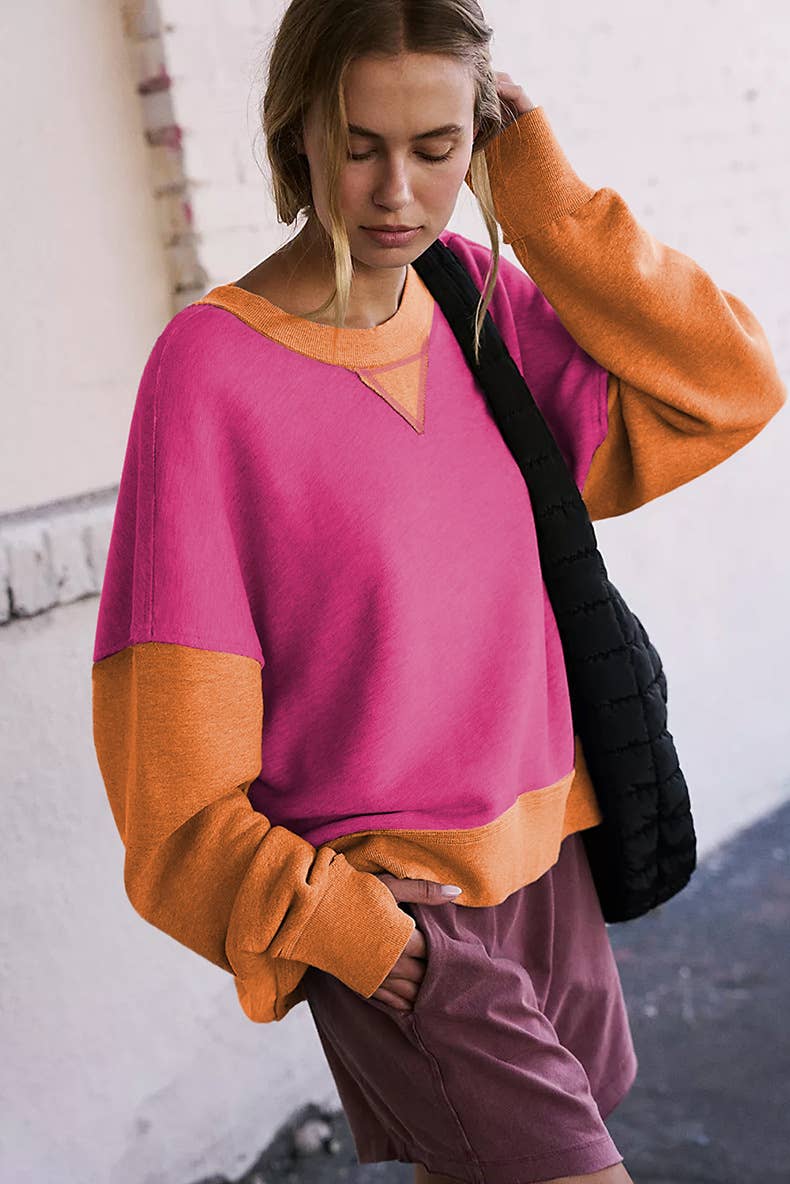 Two-Tone Round-Neck Loose Pullover Hoodie