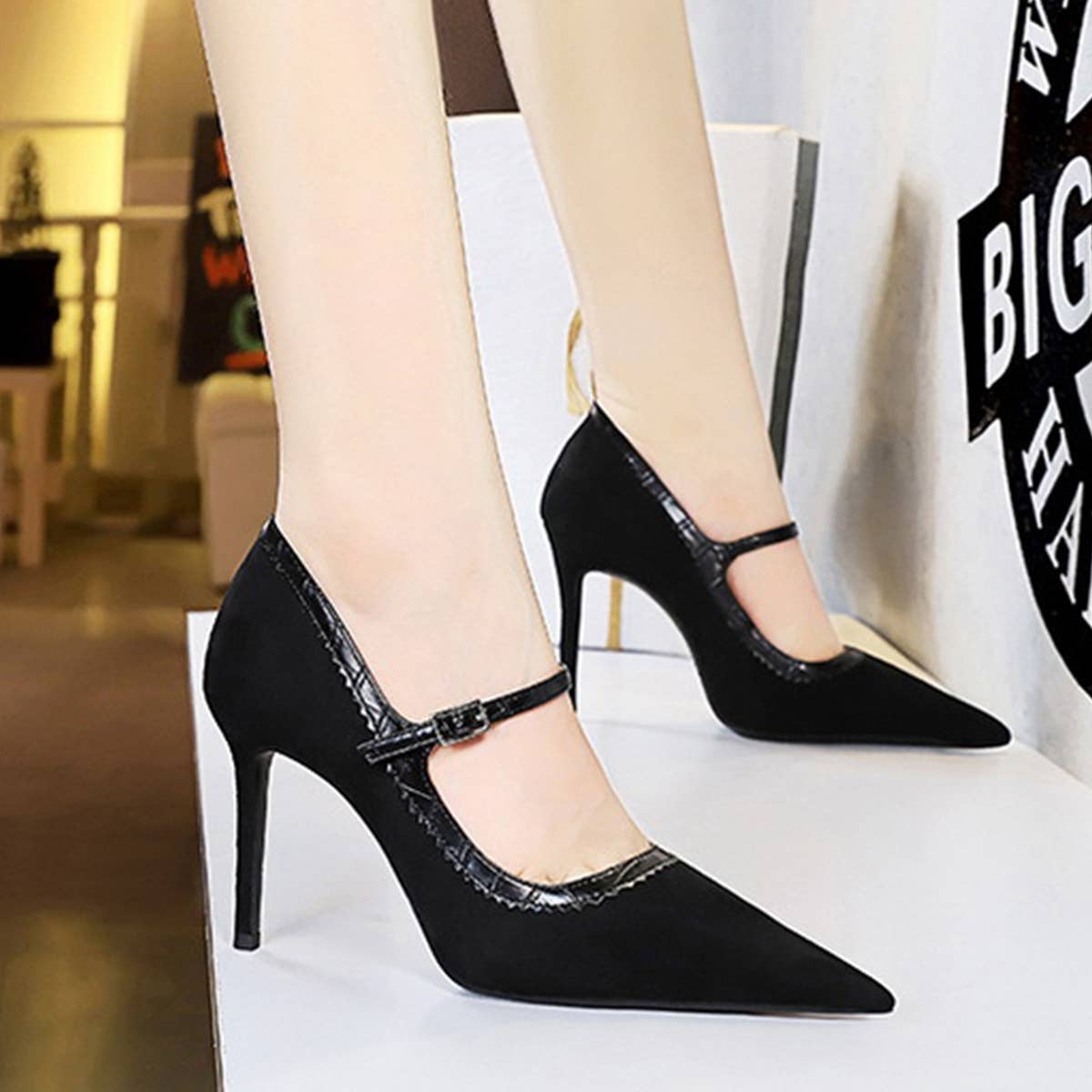 RETRO BLACK SUEDE SHALLOW POINTED TOE HIGH HEELS_CWSHH0111