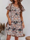 V-Neck Casual Holiday Print Lotus Sleeves Dress